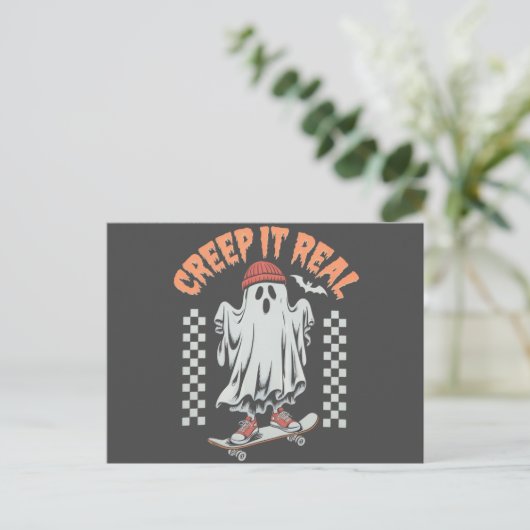 Creep It Real Retro Halloween Skate Ghost Postkarte (Stehend Vorderseite)