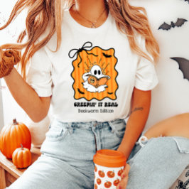 Creepin It Real Bookworm Ghost Retro Halloween Bow T-Shirt