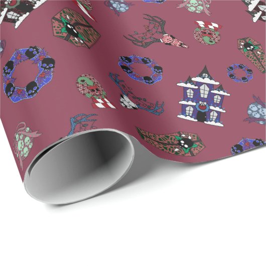 Creepmas mit Spuk Haus, Schädel, Kränze, Sarg Geschenkpapier (Rolleneckpunkt)