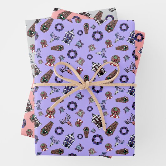 Creepmas mit Spuk Haus, Schädel, Kränze, Sarg Geschenkpapier Set (Beispiel)