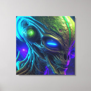 Creepy Alien Head mit leuchtenden blauen Augen Leinwanddruck
