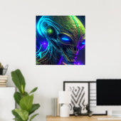 Creepy Alien Head mit leuchtenden blauen Augen Poster (Heimbüro)