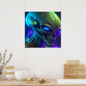 Creepy Alien Head mit leuchtenden blauen Augen Poster (Küche)
