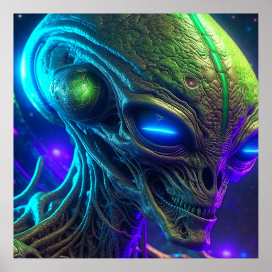 Creepy Alien Head mit leuchtenden blauen Augen Poster (Vorne)