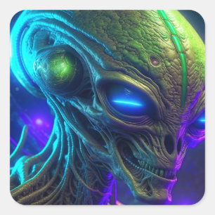 Creepy Alien Head mit leuchtenden blauen Augen Quadratischer Aufkleber