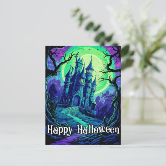 Creepy Altes Spuk Schloss nach Dunkelheit Postkarte (Stehend Vorderseite)