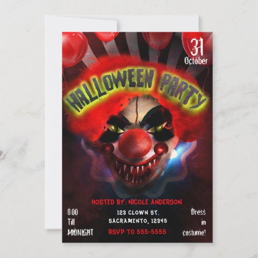 Creepy Beängstigend Killer Clown Halloween-Party Einladung (Vorderseite)