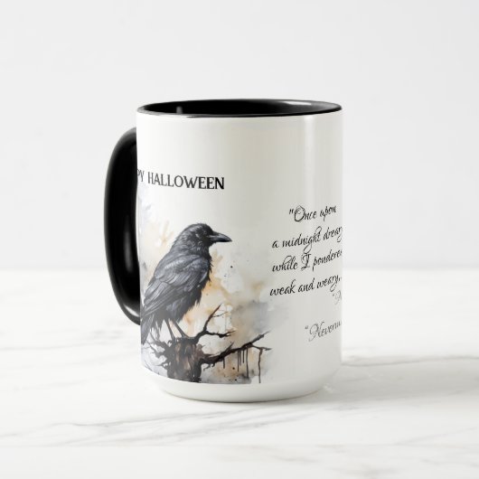 Creepy Black Raven Happy Halloween Tasse (Vorderseite Links)