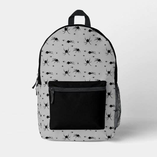 Creepy Black Spider Pattern auf Grau Bedruckter Rucksack (Vorderseite)