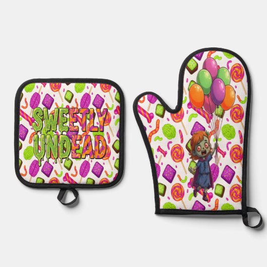 Creepy Candy Zombie Mashup For Halloween Ofenhandschuh & Topflappen-Set (Vorderseite)