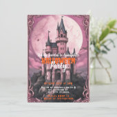 Creepy Castle Full Moon Pink Sky Halloween-Party Einladung (Stehend Vorderseite)