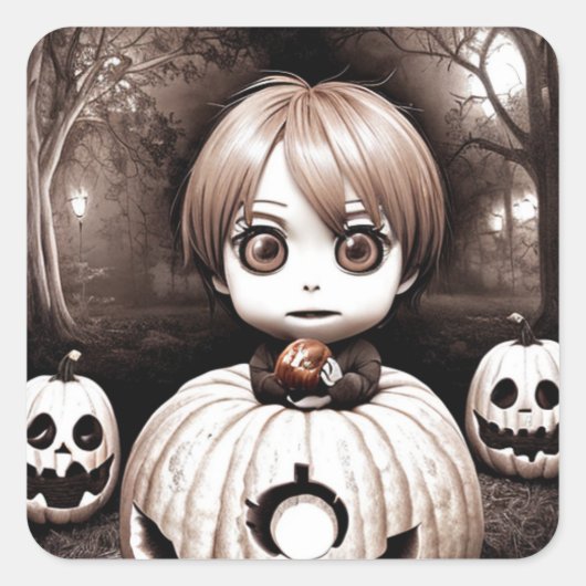 Creepy Child with Giison Apple in Pumpkin Quadratischer Aufkleber (Vorderseite)