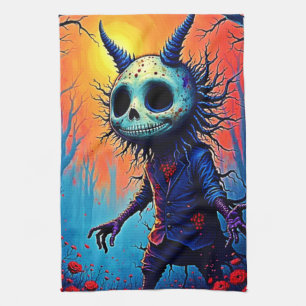 Creepy Dämon in spöttischem Holzdesign Geschirrtuch