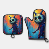 Creepy Dämon in spöttischem Holzdesign Ofenhandschuh & Topflappen-Set (Vorderseite)