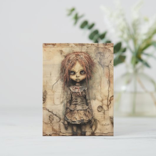 Creepy Doll mit rosa Bow Postkarte (Stehend Vorderseite)