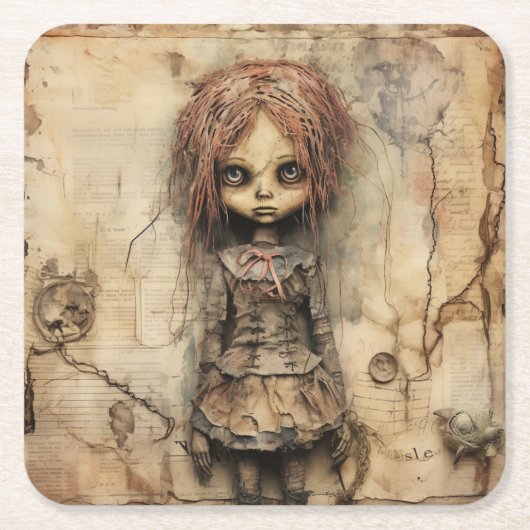 Creepy Doll mit rosa Bow Rechteckiger Pappuntersetzer (Vorderseite)