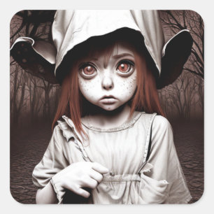 Creepy Girl Big Mit Augen Chibi Halloween Quadratischer Aufkleber