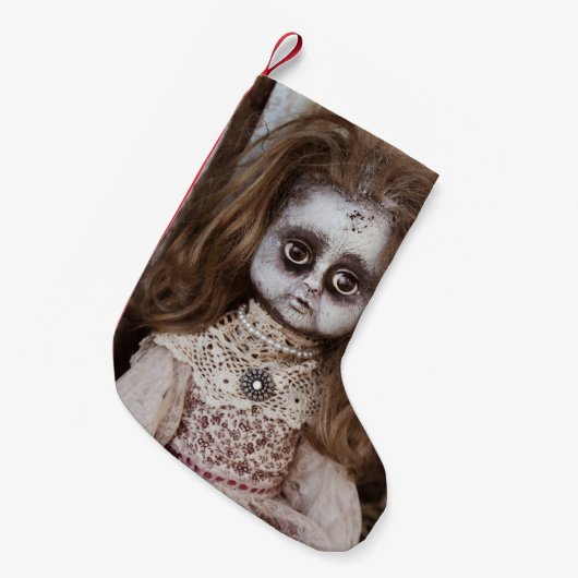 Creepy gotische Porzellan-Puppe viktorianisches Kleiner Weihnachtsstrumpf (Vorderansicht (hängend))
