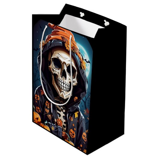 Creepy Grinning Skeleton Halloween Mittlere Geschenktüte (Rückseite Schrägansicht)