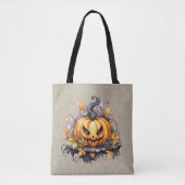 Creepy Jack-O' Lantern Burlap Halloween Tasche (Vorderseite)