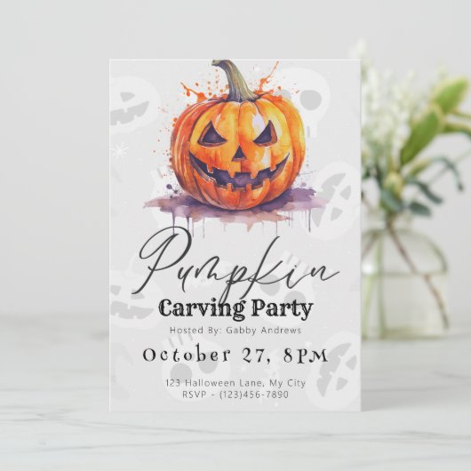 Creepy Jack-O' Lantern Gray Pumpkin Carving Party Einladung (Stehend Vorderseite)