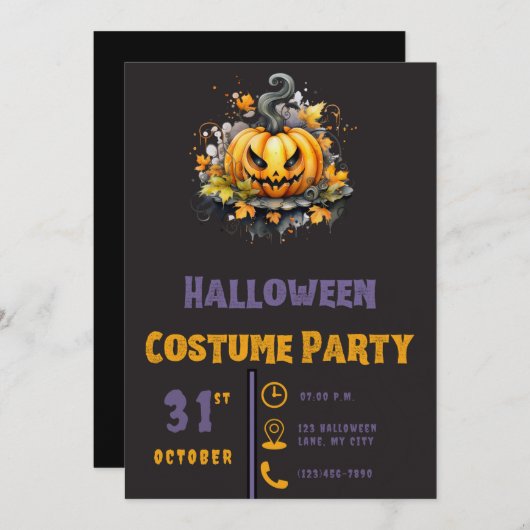 Creepy Jack-O' Lantern Modernes Schwarzes Hallowee Einladung (Vorne/Hinten)