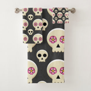 Creepy Niedlich Kawaii Goth Skull mit Blume Muster Badhandtuch Set