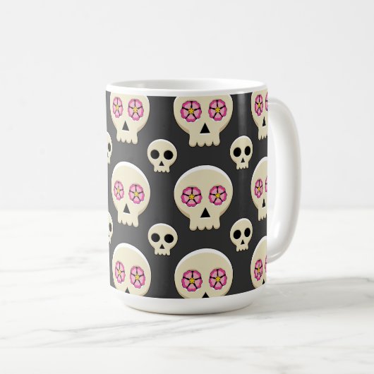 Creepy Niedlich Kawaii Goth Skull mit Blume Muster Kaffeetasse (VorderseiteRechts)