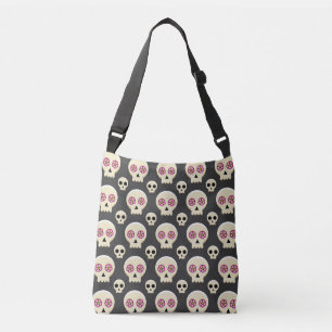 Creepy Niedlich Kawaii Goth Skull mit Blume Muster Tragetaschen Mit Langen Trägern