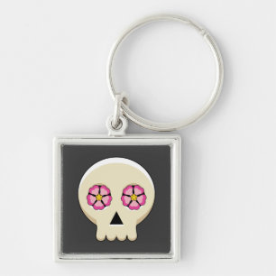 Creepy Niedlich Kawaii Goth Skull mit Blume Schlüsselanhänger
