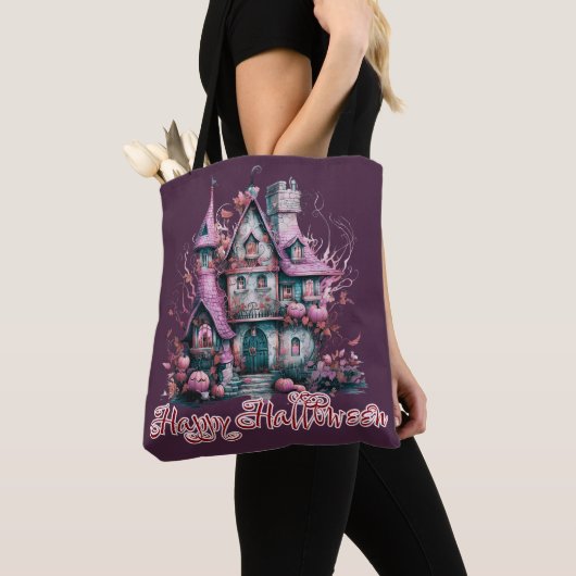 Creepy Pink und Gray Spuk House Happy Halloween Tasche (Von Nahem)