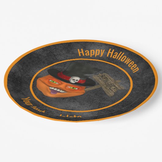 Creepy Pumpkin Face Personalisiertes Halloween-Par Pappteller (Schrägansicht)