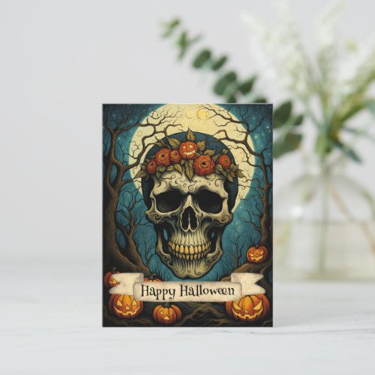 Creepy Pumpkin Floral Skull Halloween Postkarte (Stehend Vorderseite)