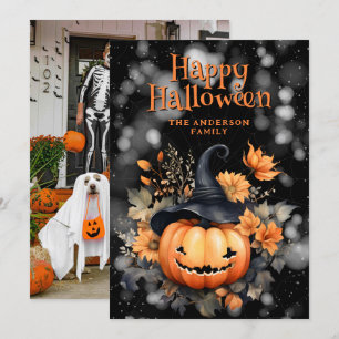 Creepy Pumpkin in einem Hut Foto Happy Halloween C Feiertagskarte