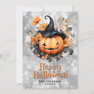Creepy Pumpkin in einer schwarzen Happy Halloween- Feiertagskarte