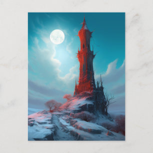 Creepy Red Tower Landschaft Fantasy Art Postkarte