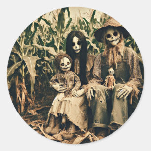 Creepy Scarecrow-Familie im Cornfield-Horror-Foto Runder Aufkleber