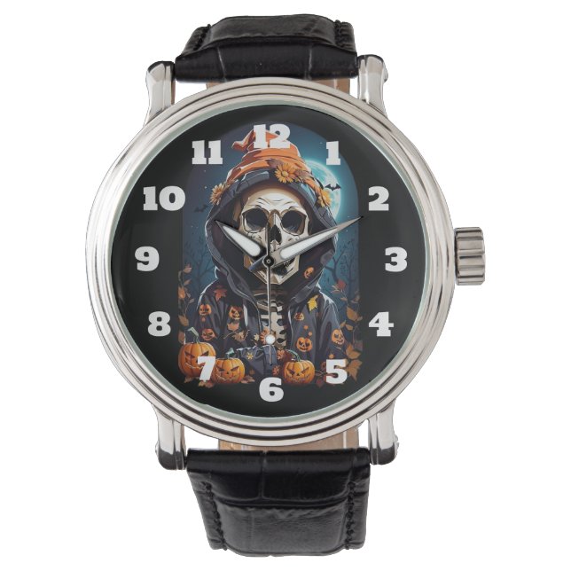 Creepy Skeleton & Autumn Pumpkins Halloween Armbanduhr (Vorderseite)
