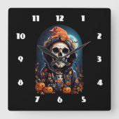 Creepy Skeleton & Autumn Pumpkins Halloween Quadratische Wanduhr (Vorderseite)