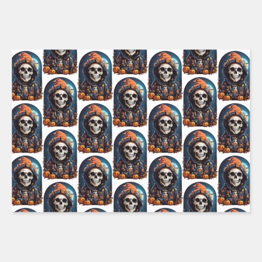 Creepy Skeleton & Autumn Pumpkins Muster Geschenkpapier Set (Vorderseite 2)