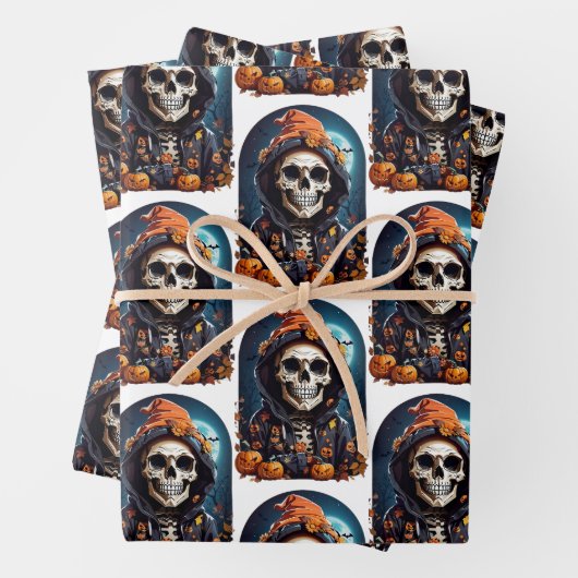 Creepy Skeleton & Autumn Pumpkins Muster Geschenkpapier Set (Beispiel)