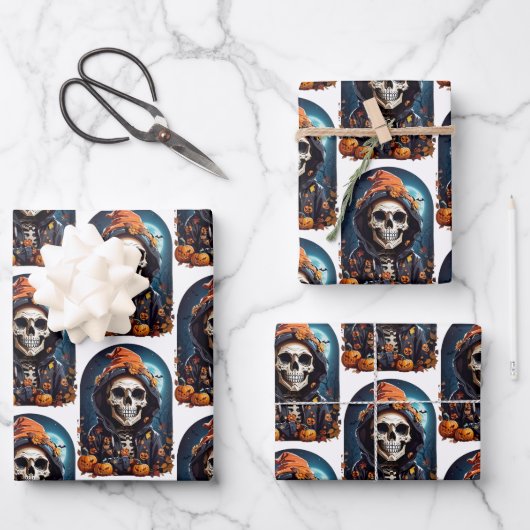 Creepy Skeleton & Autumn Pumpkins Muster Geschenkpapier Set (Vorderseite)