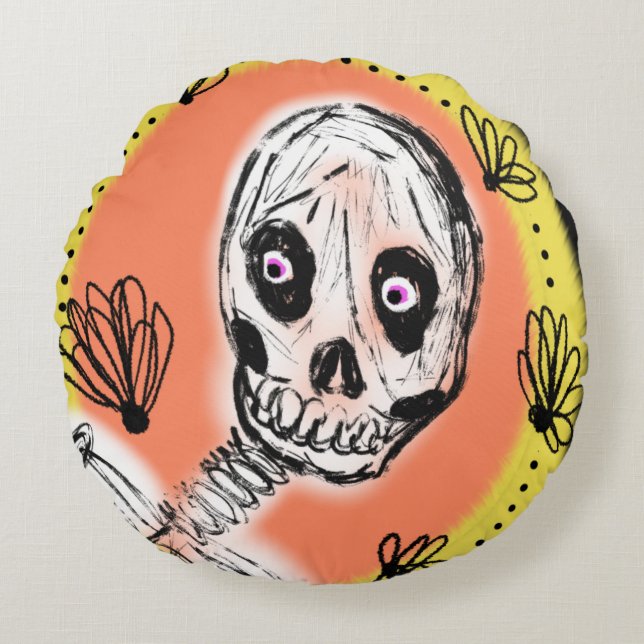Creepy Skeleton Halloween Doodle Rundes Kissen (Vorderseite)