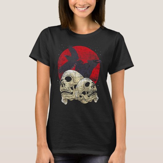 Creepy Skeleton Head Spooky Skull Raven Gothic Ani T-Shirt (Vorderseite)