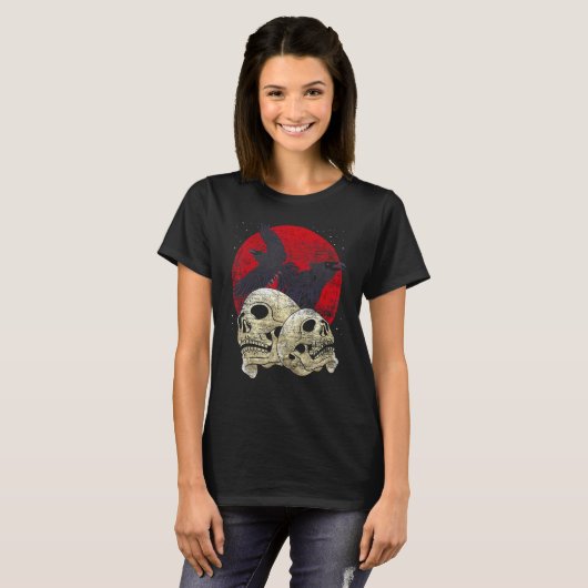 Creepy Skeleton Head Spooky Skull Raven Gothic Ani T-Shirt (Vorne ganz)