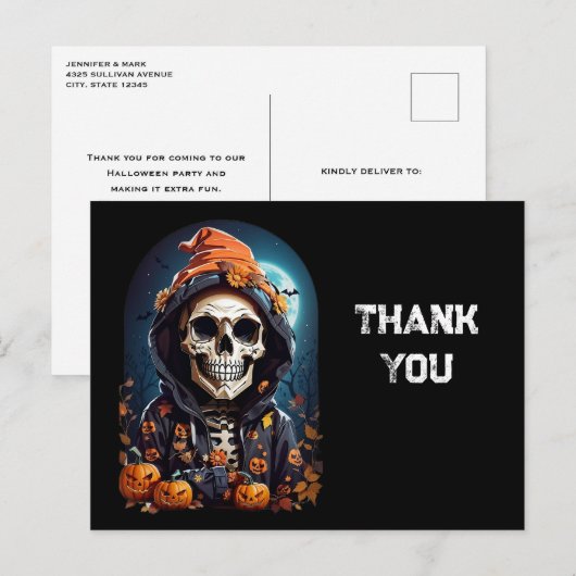 Creepy Skeleton & Pumpkins Halloween Vielen Dank Postkarte (Vorne/Hinten)