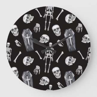 Creepy Skulls: Halloween-Wasserfarbenmuster Große Wanduhr