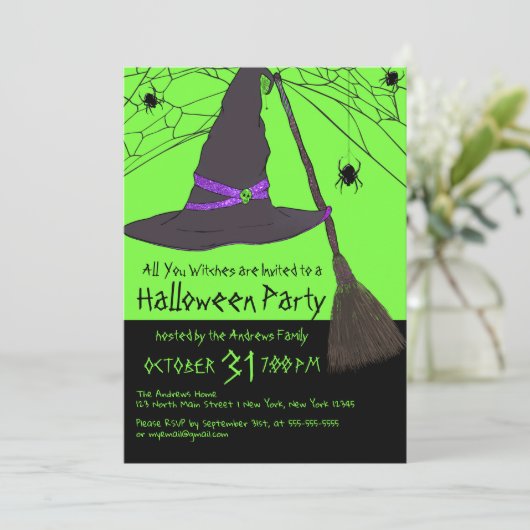 Creepy Witch Hat Spider Web Halloween-Party Einladung (Stehend Vorderseite)