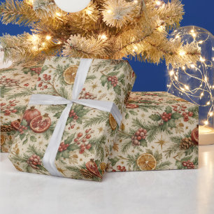 Creme alte botanische Weihnachts-Zitrus-Muster Geschenkpapier