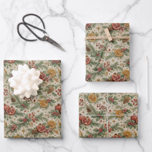Creme alte botanische Weihnachts-Zitrus-Muster Geschenkpapier Set